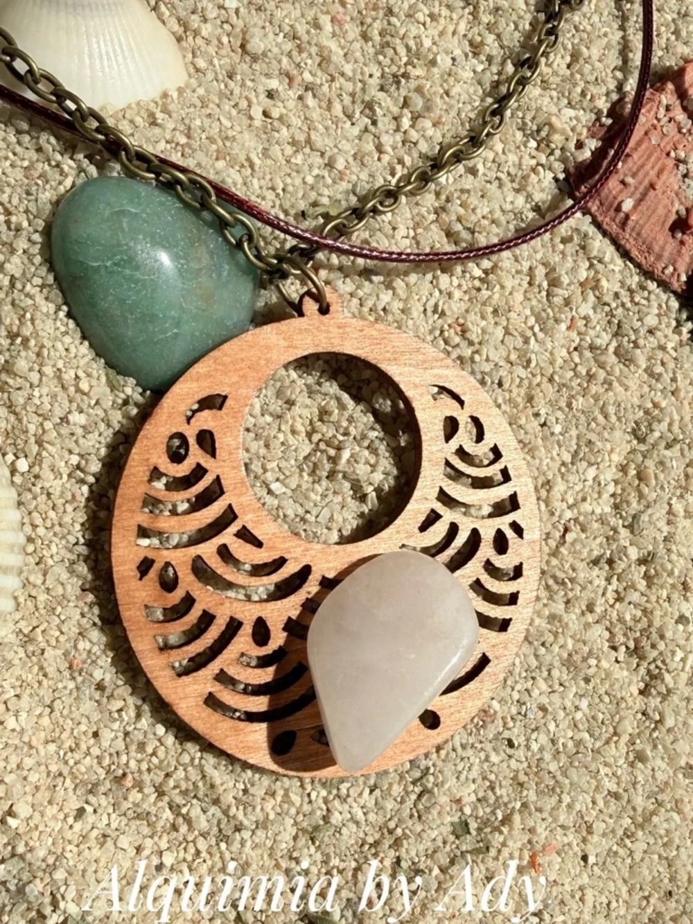 MONUMENTAL Rose Quartz Pendant Necklace with Carved Wood and Pink Cord